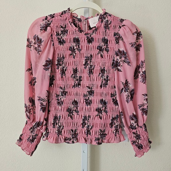 CINQ A SEPT Women's Mirah Smocked Floral Pink Sand Multi Pullover Blouse Sz XS